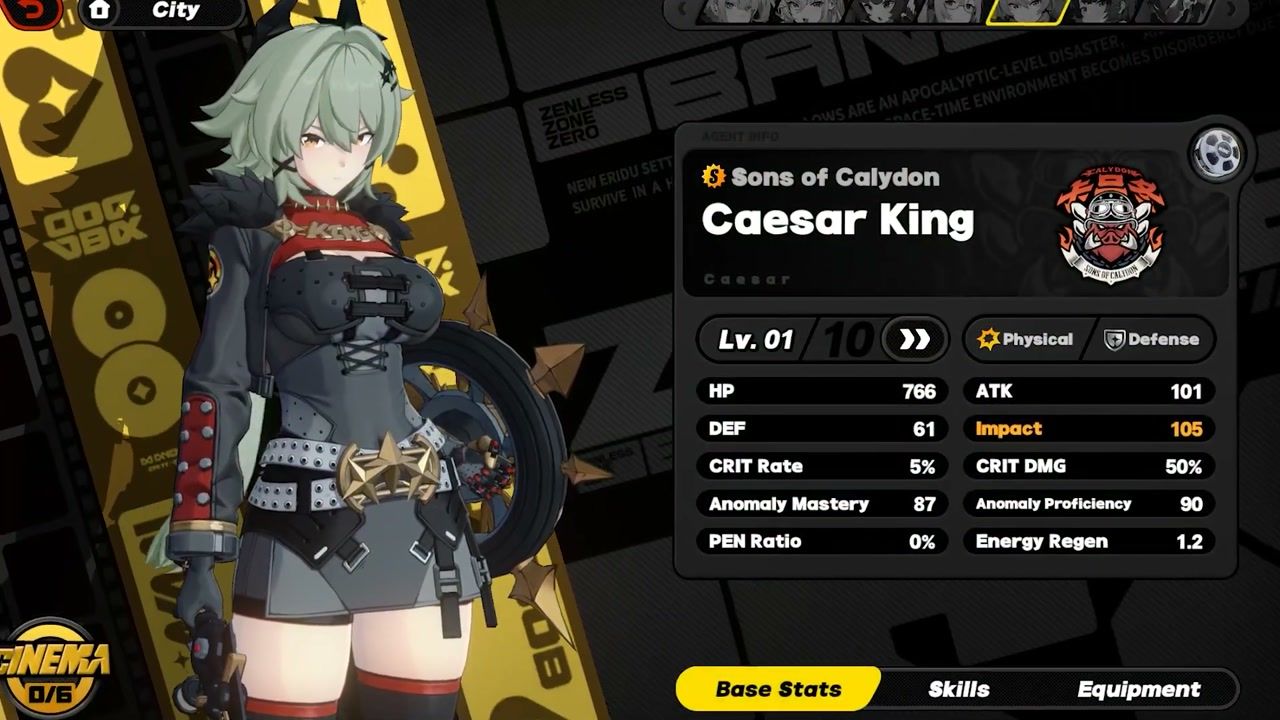 Профиль и базовые характеристики агента Защиты Цезарь Кинг в Zenless Zone Zero
