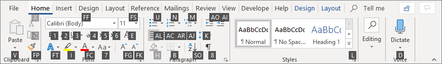 Microsoft Word ribbon interface displaying Alt KeyTip shortcuts on tabs