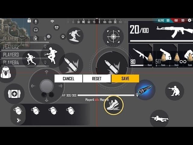Интерфейс настройки HUD Free Fire, отображающий различные варианты размещения кнопок