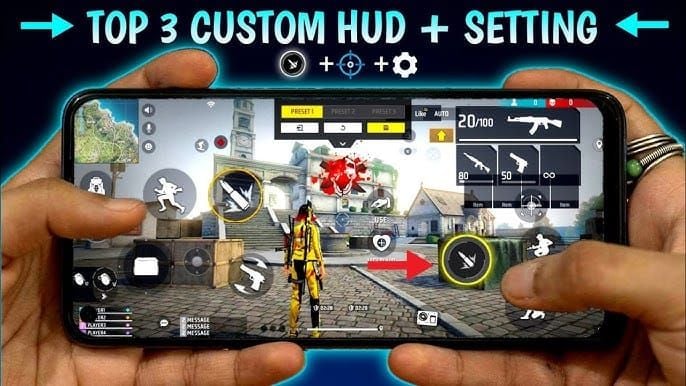 Оптимизированная раскладка HUD Free Fire, выделяющая расположение и размер кнопки огня для эффективной стрельбы с перетаскиванием