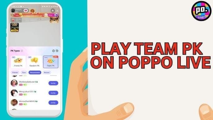 Интерфейс Poppo Live PK Battle, показывающий соревновательный формат стриминга с отображением подарков и функциями видимости ведущего
