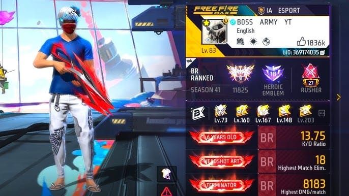 Интерфейс главного лобби Free Fire с иконкой аватара и Player ID для пополнения алмазов в EU и TR