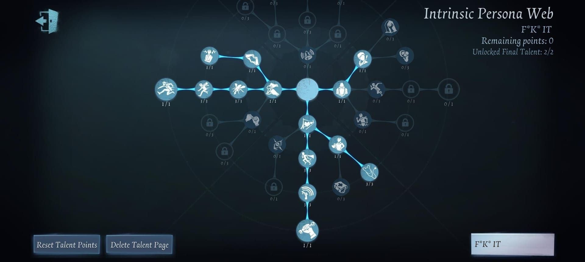 Последовательность распределения 36-очкового билда Identity V, показывающая прогрессию Заимствованного времени, Переломного момента и Пути выхода