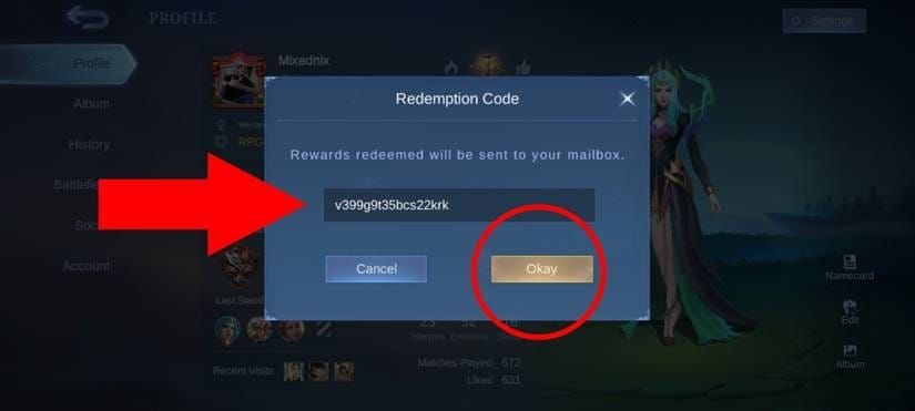 Скриншот интерфейса активации кода в Mobile Legends Bang Bang