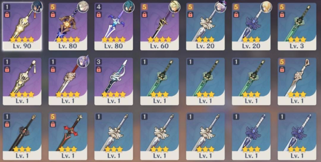Genshin Impact F2P weapon options including Аквамарин Махайры, Sacrificial weapons, and craftable options