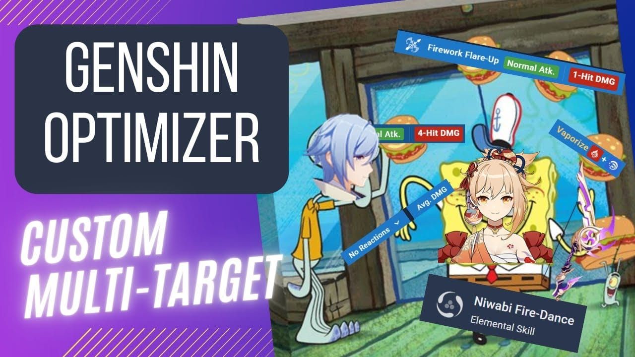 Интерфейс Genshin Optimizer, отображающий настройки многоцелевой оптимизации с расчетом взвешенного урона