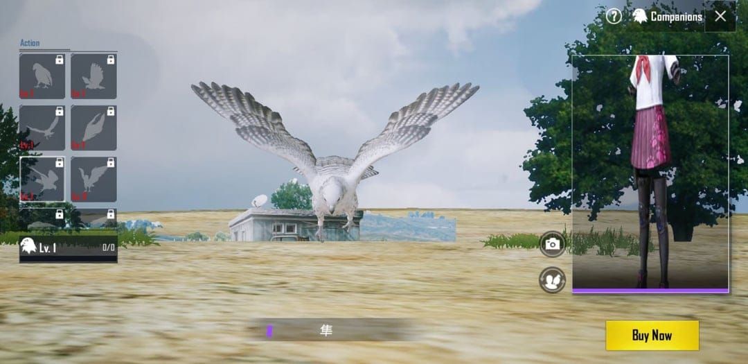 PUBG Mobile companion system interface showing companion selection and in-game companion following player