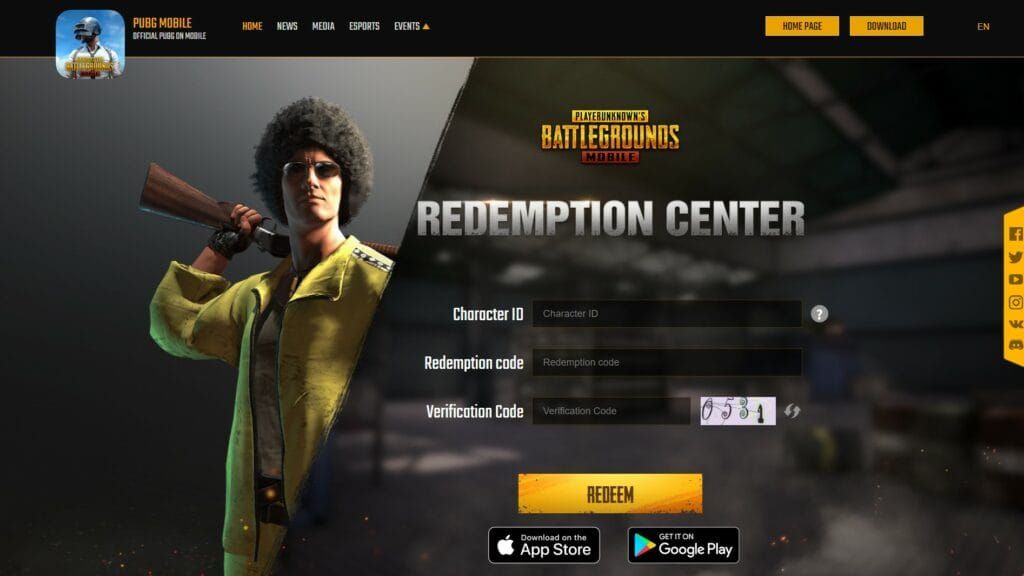 Интерфейс официального сайта PUBG Mobile для активации промокодов