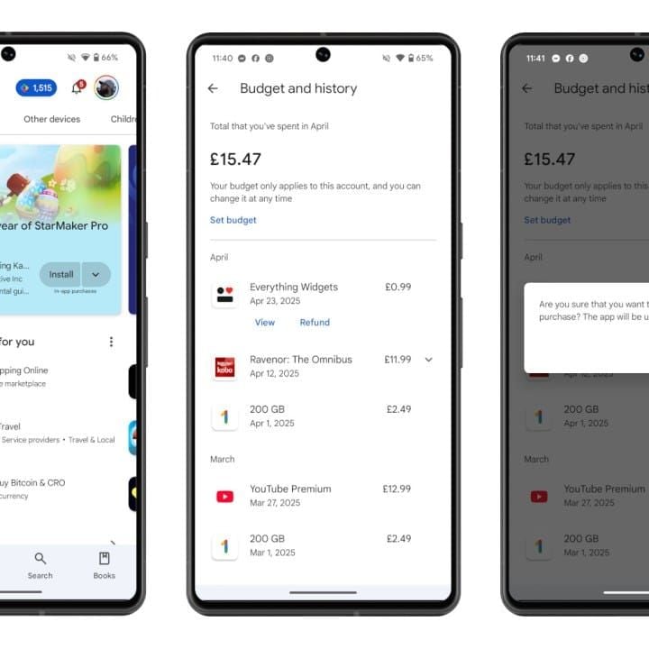 Google Play Store order history and refund request interface for app purchases