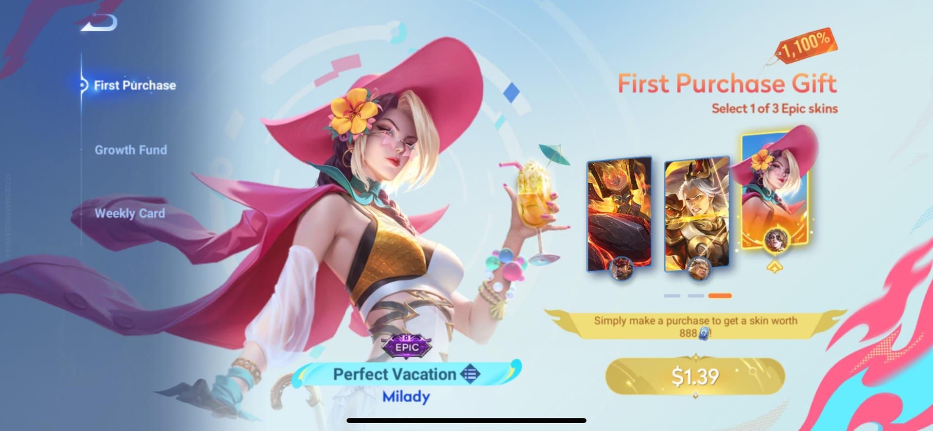 Honor of Kings first-time purchase bonus showing Epic skin reward