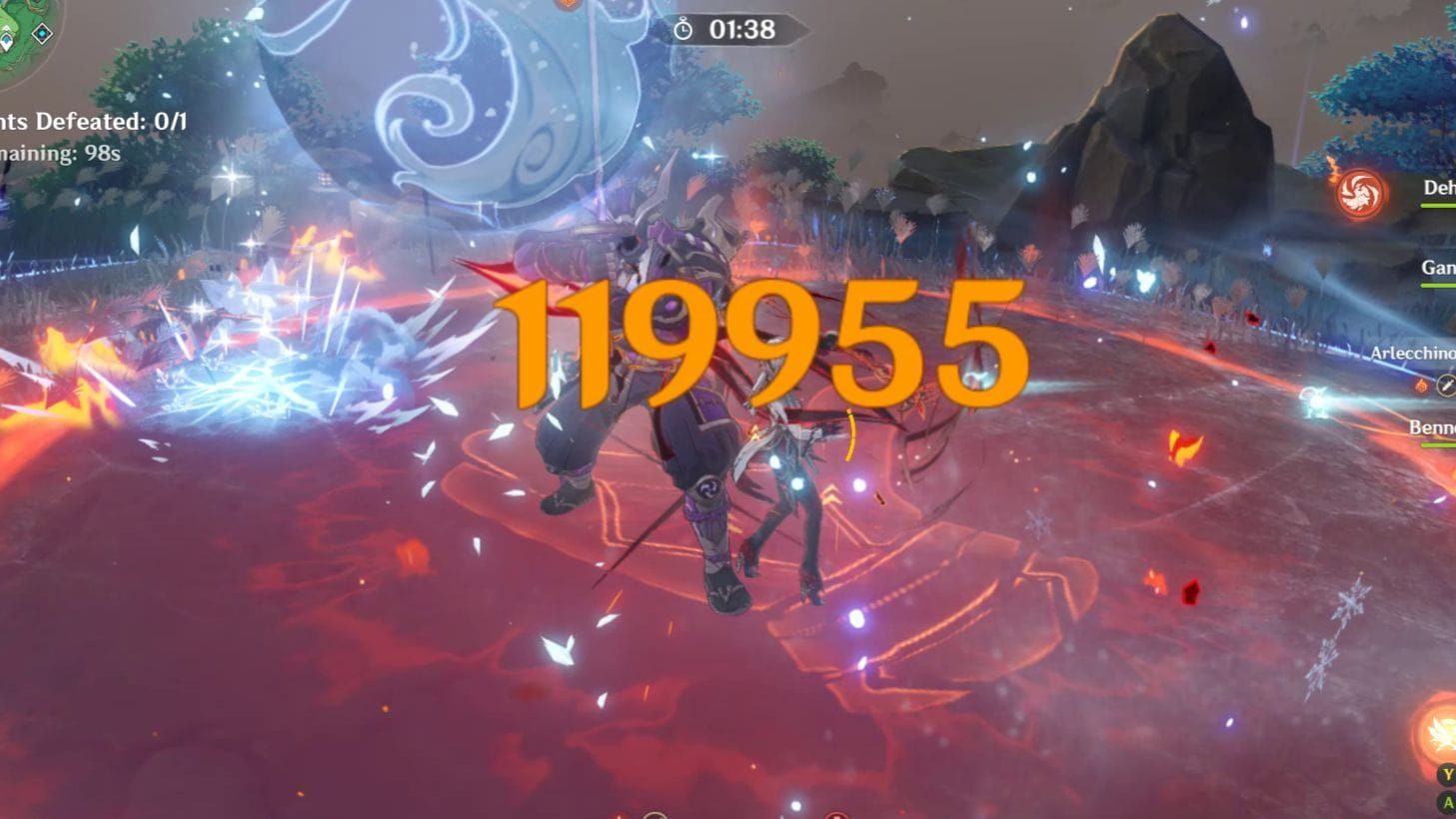 Arlecchino dealing high damage numbers in Genshin Impact combat showcasing weapon effectiveness