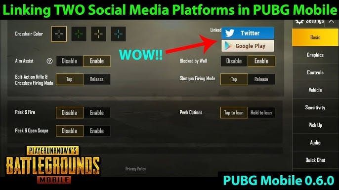 Интерфейс настроек PUBG Mobile «Привязанные аккаунты», показывающий активные привязки Twitter, Facebook, Google