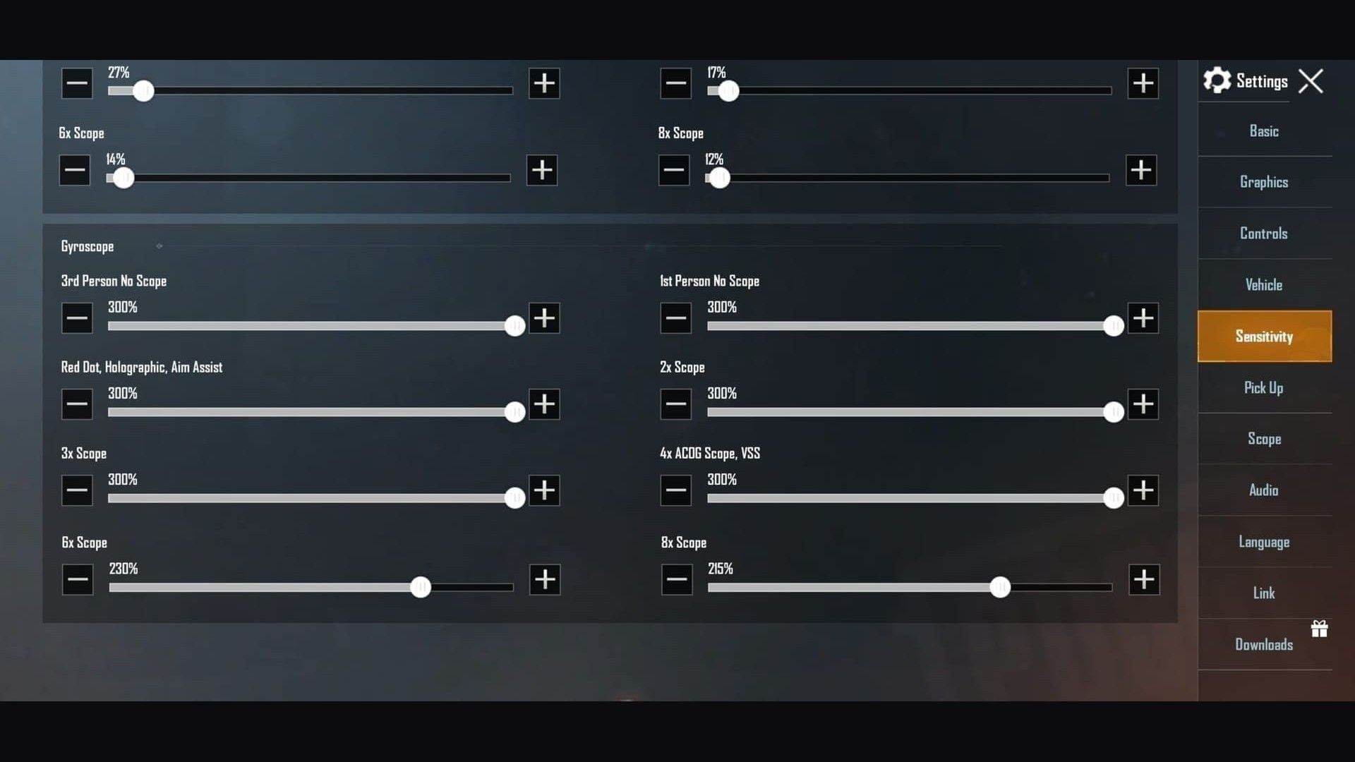 PUBG Mobile gyroscope sensitivity sliders on the Sensitivity tab