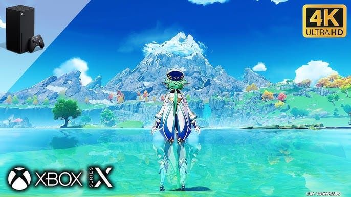 Genshin Impact gameplay screenshot on Xbox Series X/S showing enhanced graphics and interface