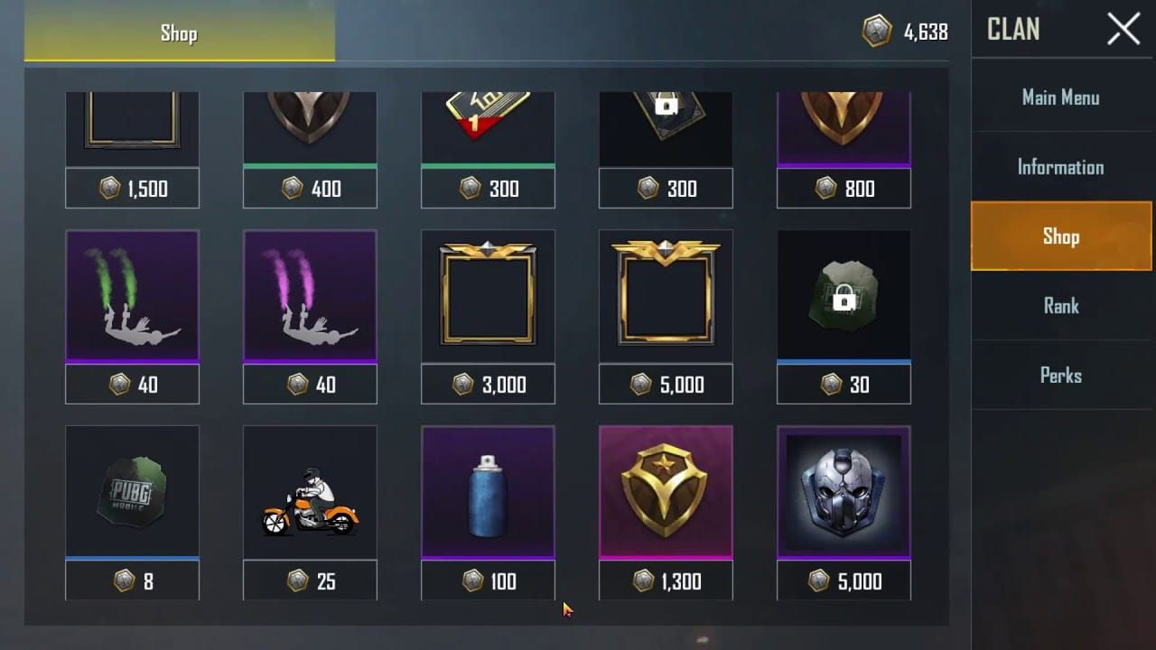 PUBG Mobile clan interface showing shop tab access