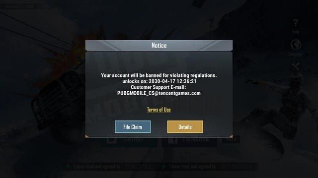 PUBG Mobile account suspension warning message due to UC-related violations