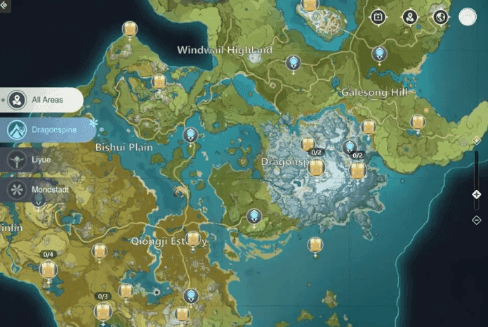 Genshin Impact official interactive map showing all available regions including Mondstadt, Liyue, Inazuma, Sumeru, Fontaine, and Natlan