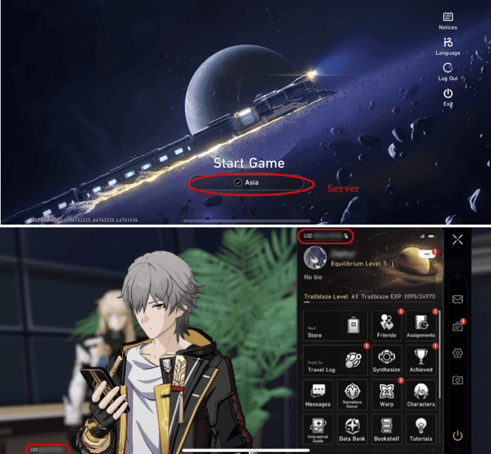 Honkai Star Rail game screen showing UID location in bottom-left corner
