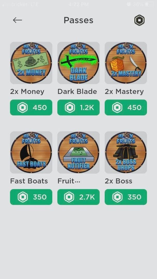 Blox Fruits game pass UI for 2x Mastery and 2x Money
