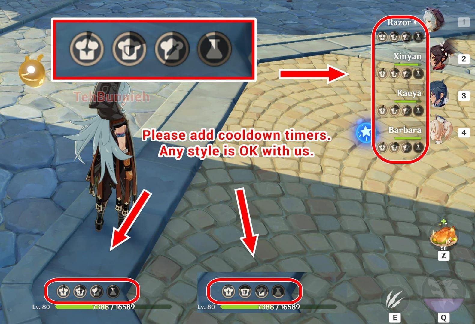 Genshin Impact food buff interface showing offensive, defensive, and utility categories