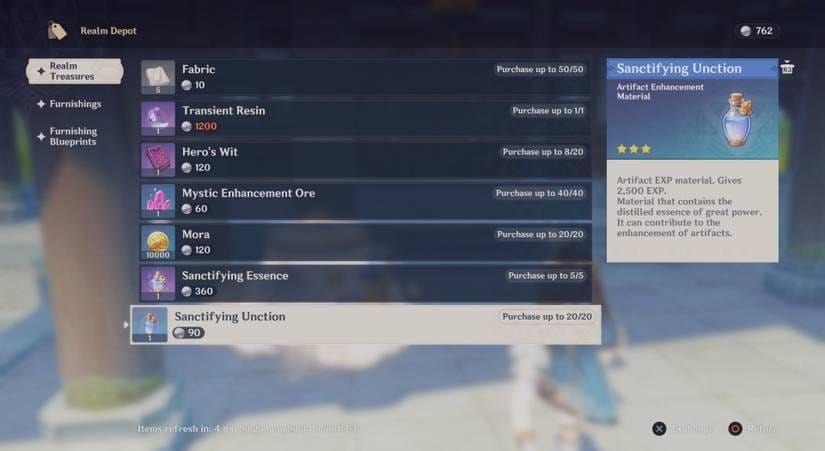 Genshin Impact Realm Depot interface showing Sanctifying Essence purchase options