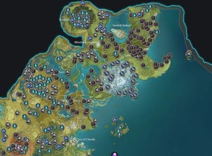 Genshin Impact map pinning resource spots for daily commissions