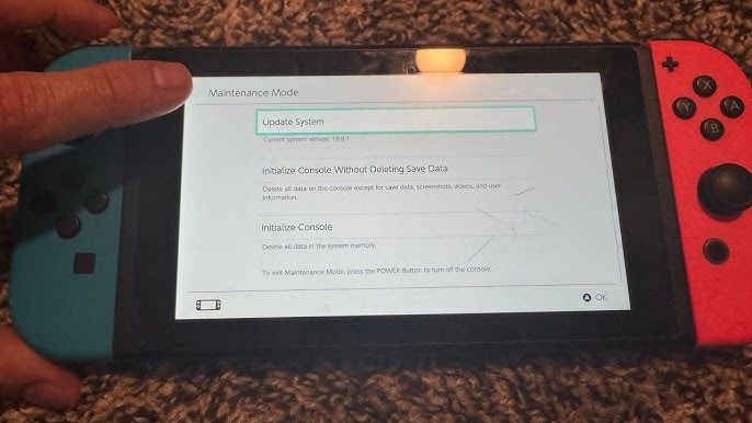 Экран режима восстановления (Maintenance Mode) Nintendo Switch с опцией «Восстановить заводские настройки без удаления данных сохранения»