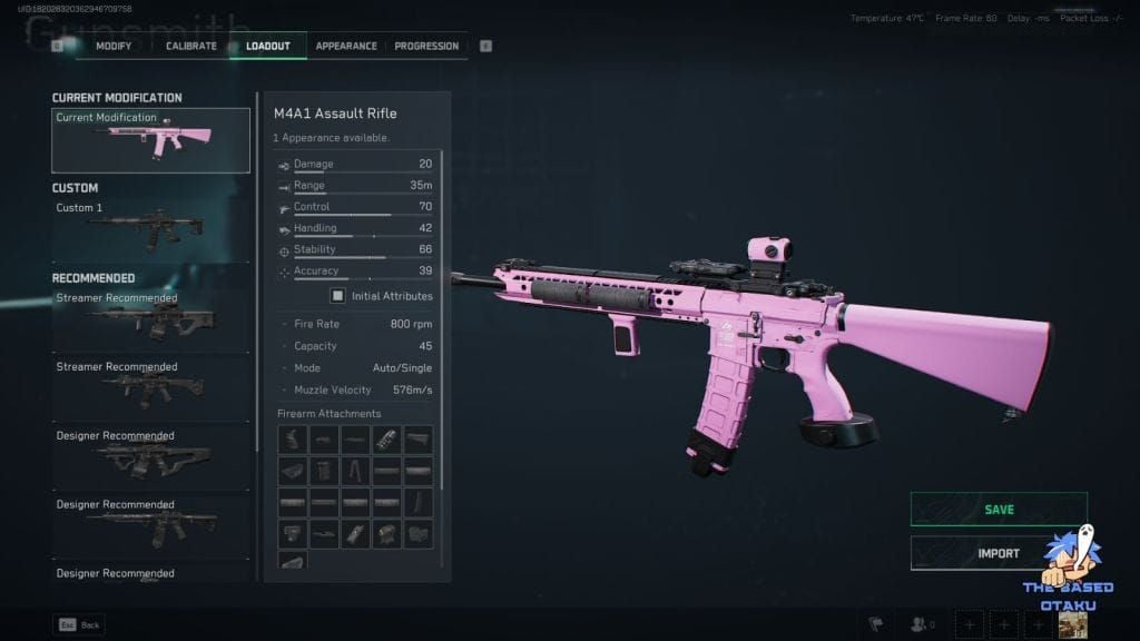 Экран статистики оружия M4A1 в Delta Force, показывающий урон за выстрел, скорострельность и показатели контроля отдачи