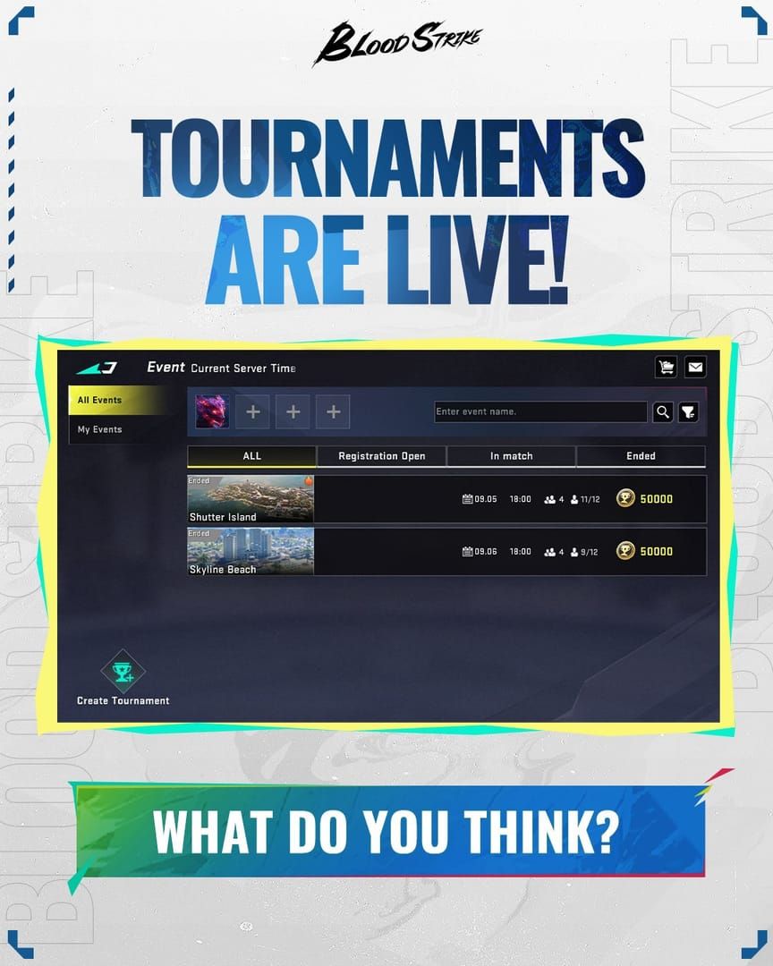 Blood Strike tournament system showing league tokens and event rewards