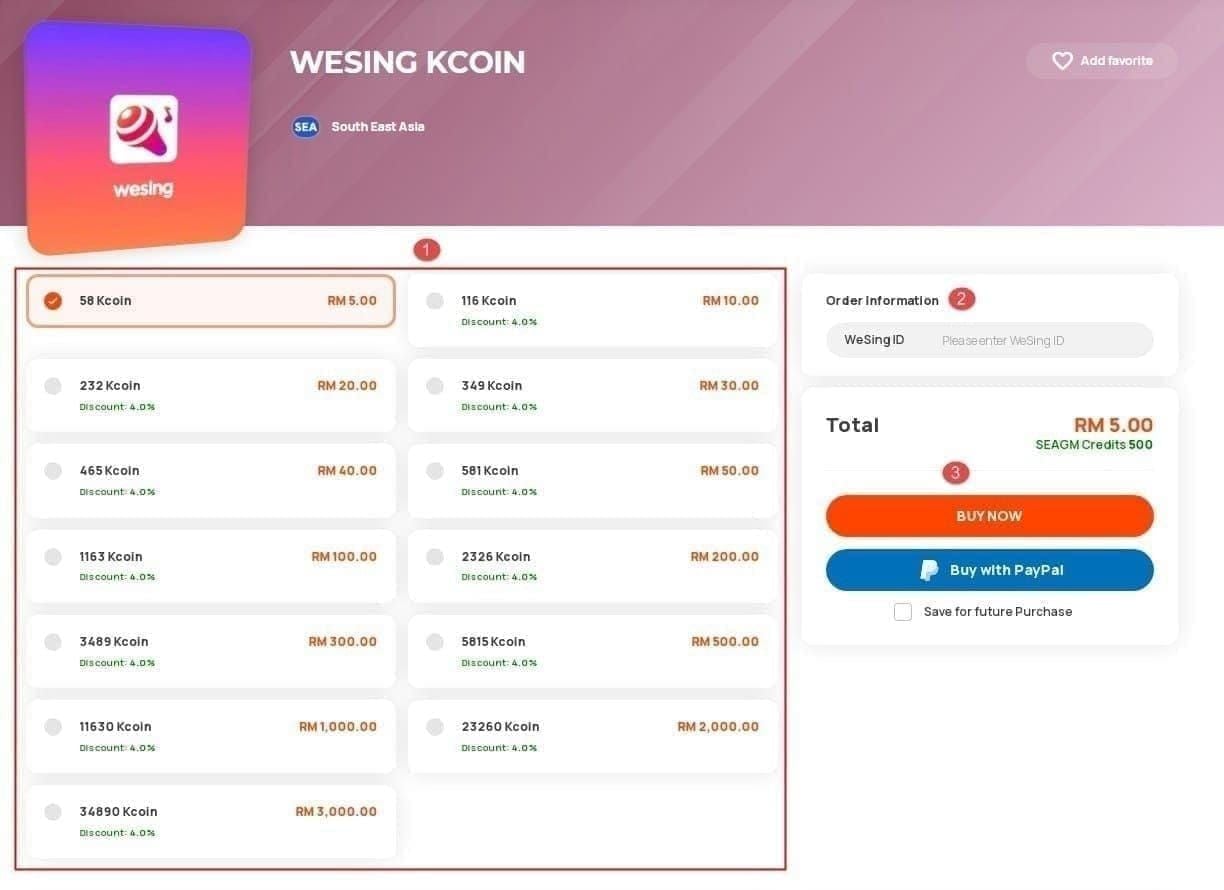 BitTopup interface for buying WeSing Kcoin with bonus options