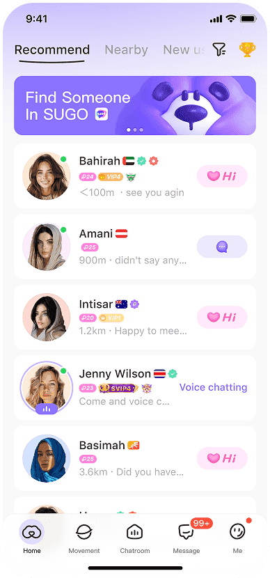 SUGO online chat party analytics dashboard interface showing matchmaking performance metrics and user statistics