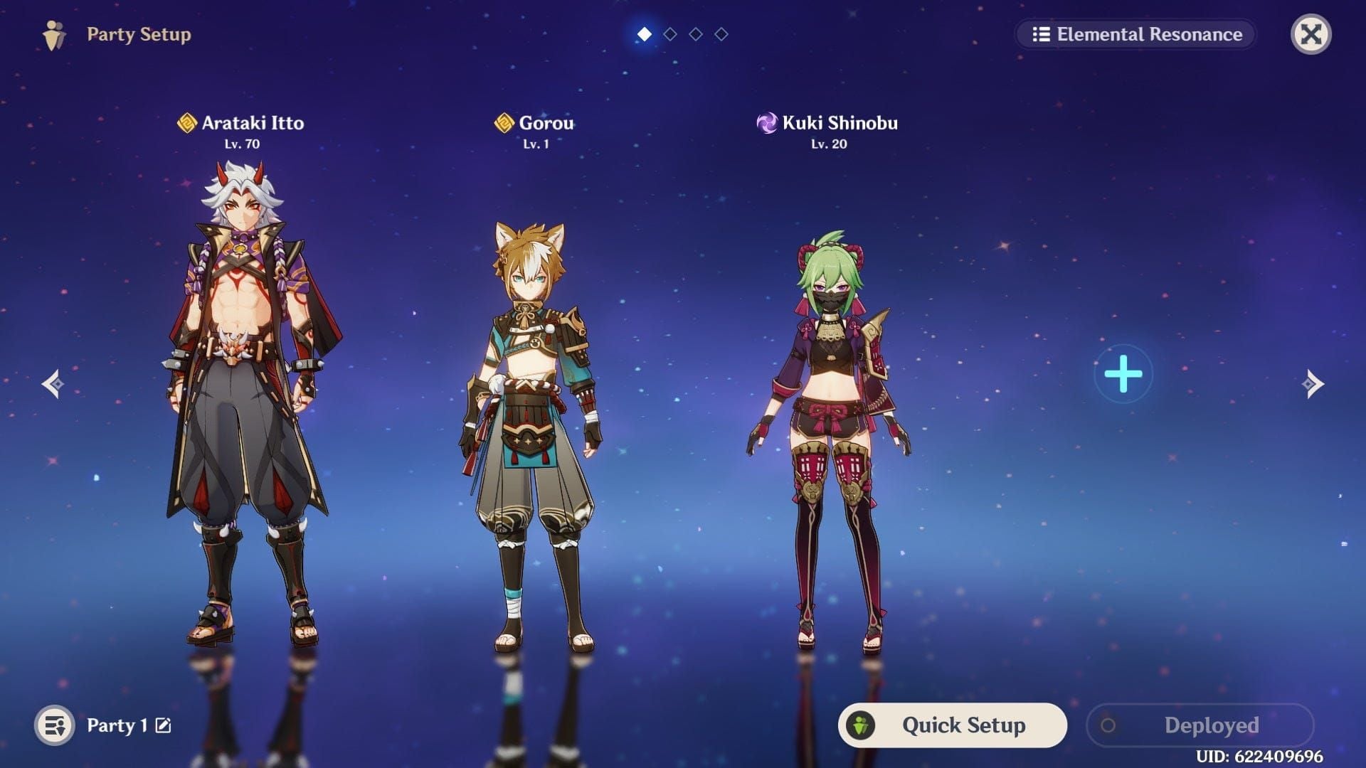 Genshin Impact gameplay screenshot showing Gorou and Albedo team composition with visible buff effects