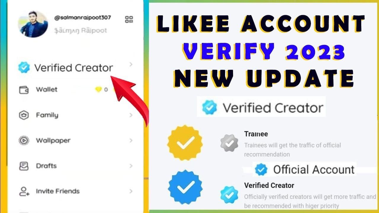 Интерфейс настроек Likee со статусом верификации аккаунта и требованиями