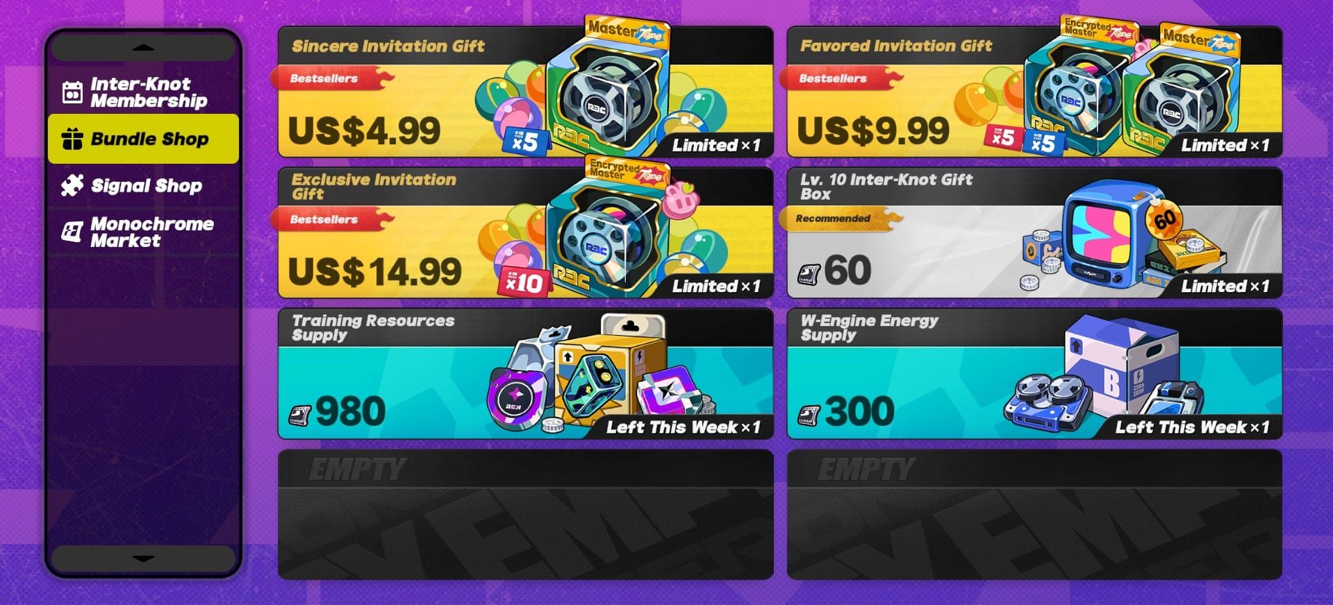 Zenless Zone Zero Monochrome bundle pricing display showing all available purchase tiers