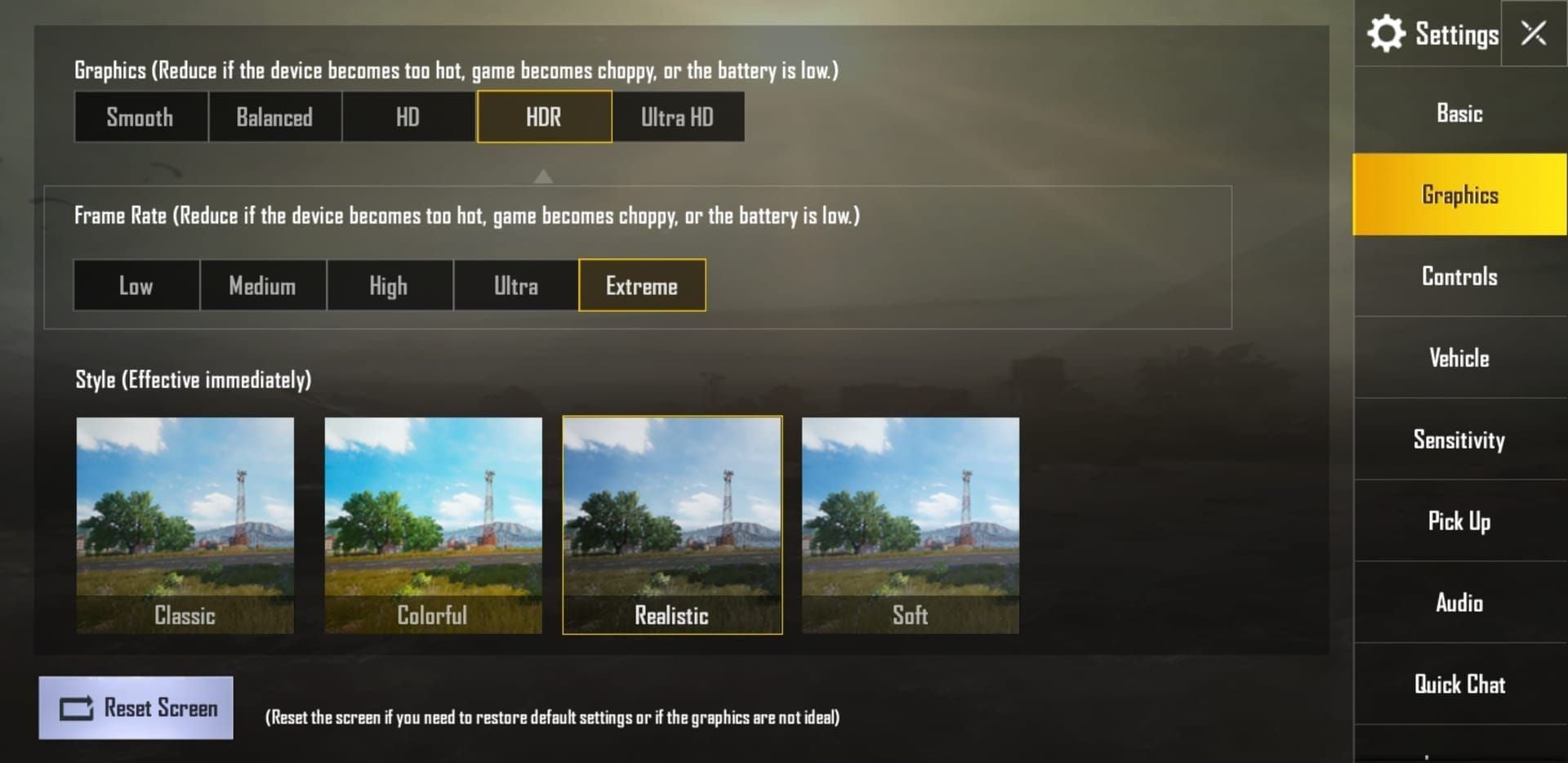 PUBG Mobile graphics settings interface showing Extreme frame rate selection