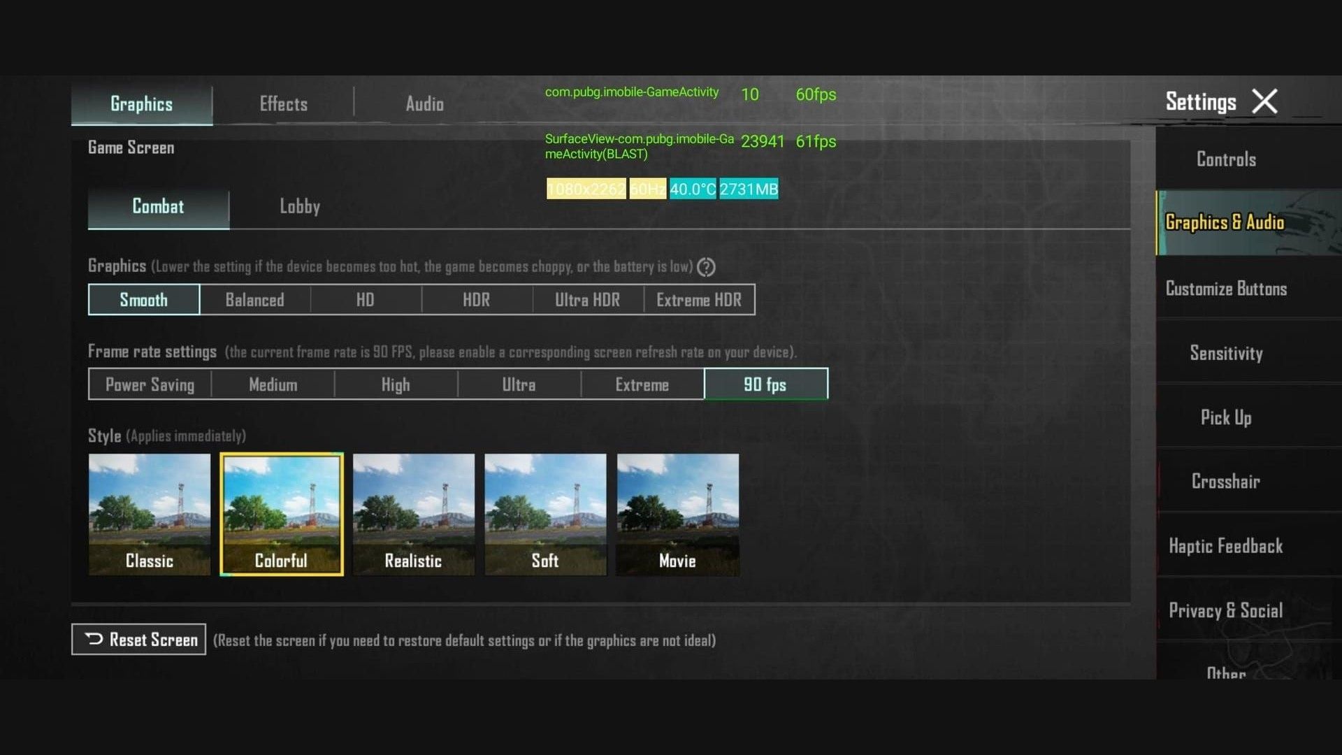 В PUBG Mobile выбрана графика «Плавно» и 90 FPS, однако оверлей показывает частоту экрана 60 Гц