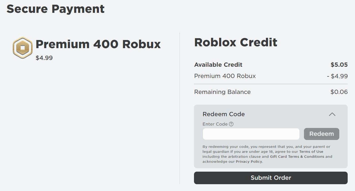 Экран активации подарочной карты Roblox в iOS Safari