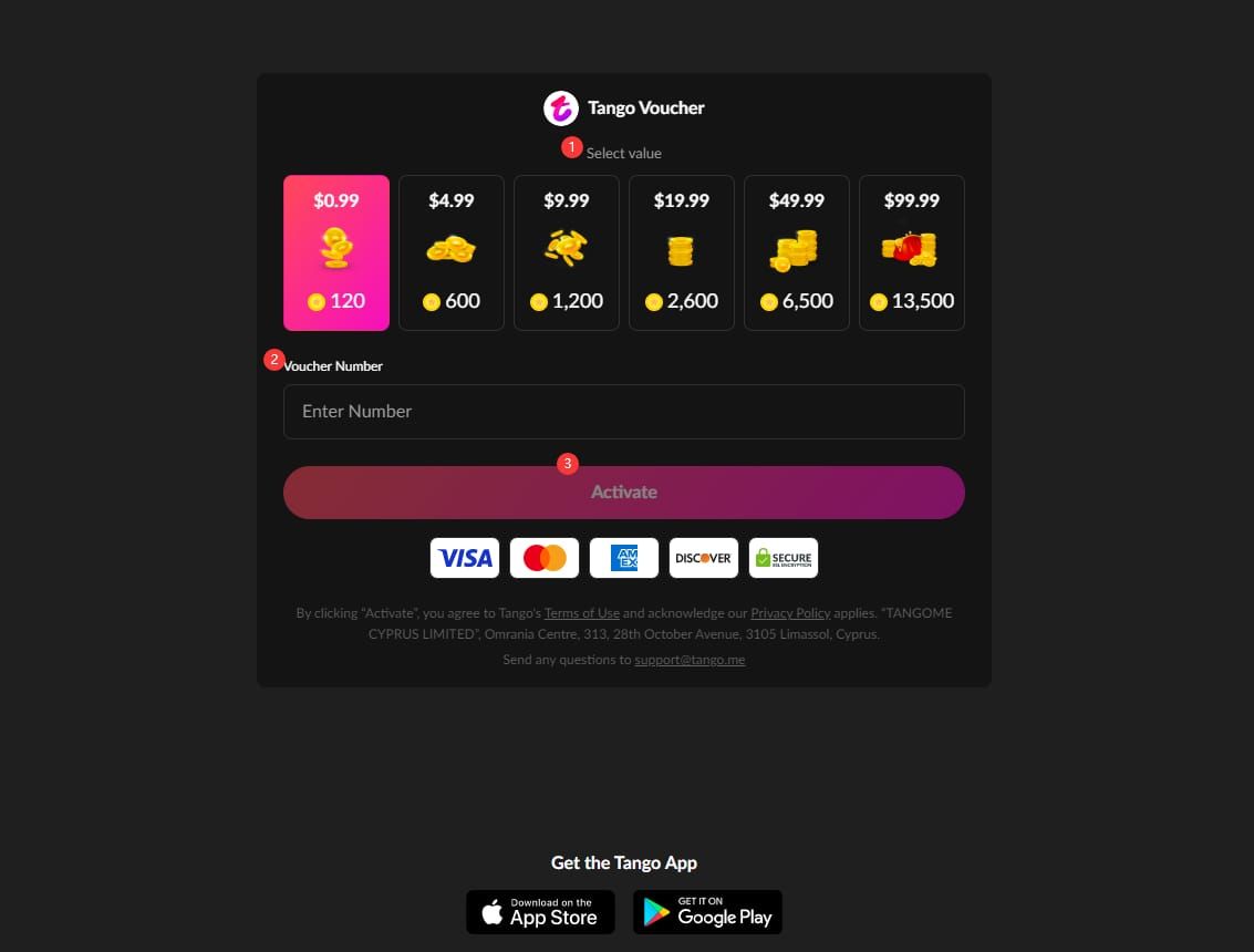 Интерфейс официального веб-ваучера Tango для безопасной покупки монет