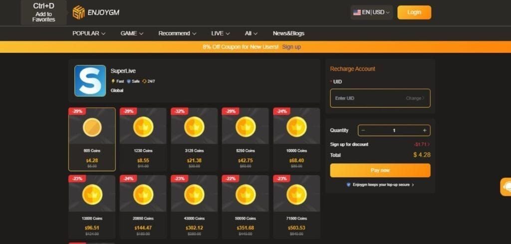 Интерфейс пополнения SuperLive Coins с UID и выбором пакета