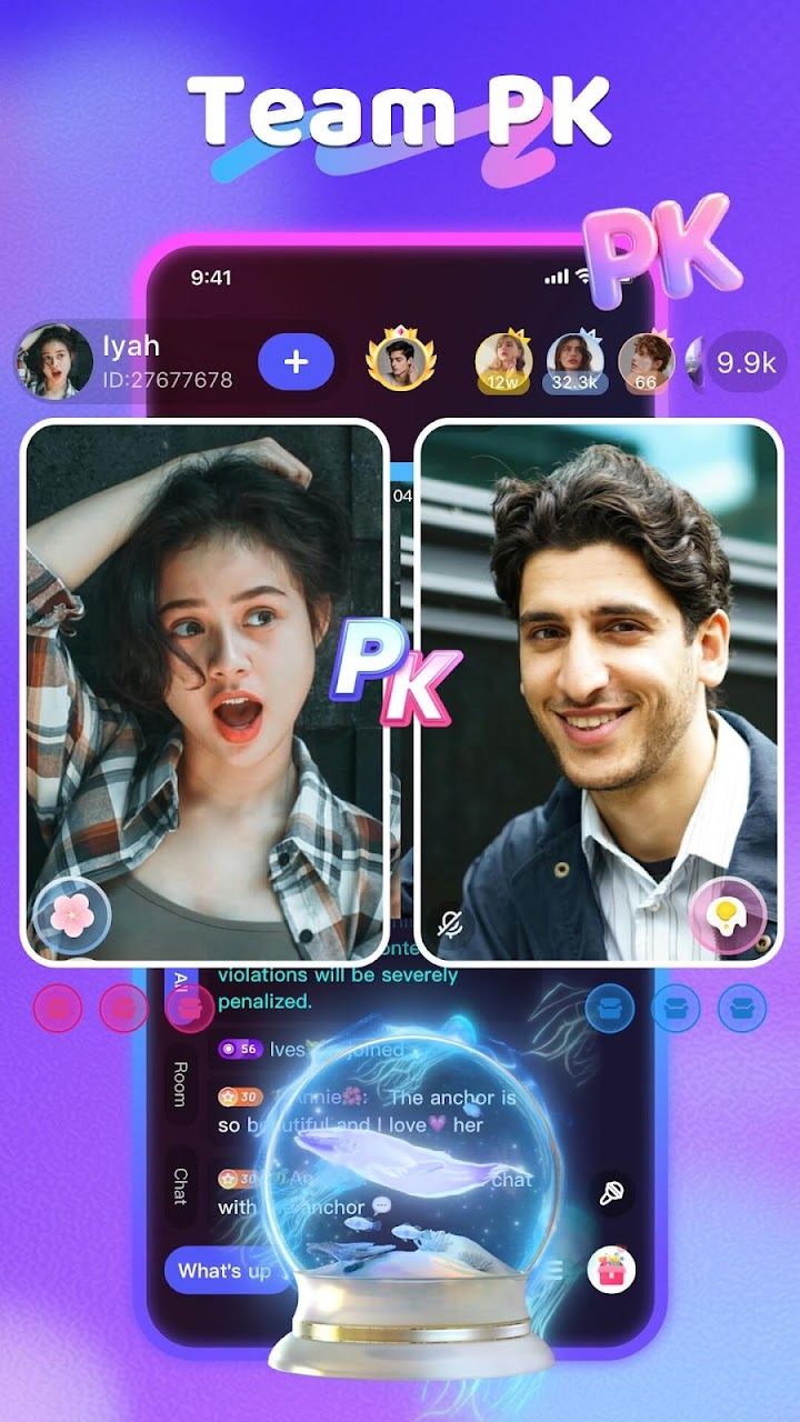 Скриншот Poppo Live из Google Play: битва Team PK между двумя ведущими бок о бок