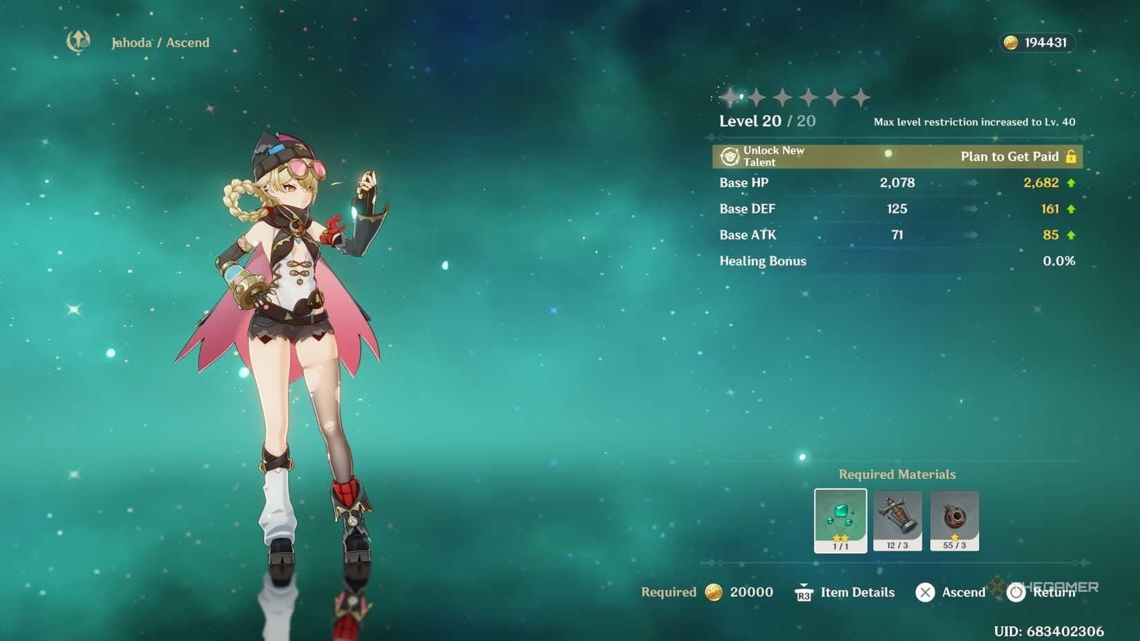 Genshin Impact Jahoda character profile showing Anemo bow user stats and abilities