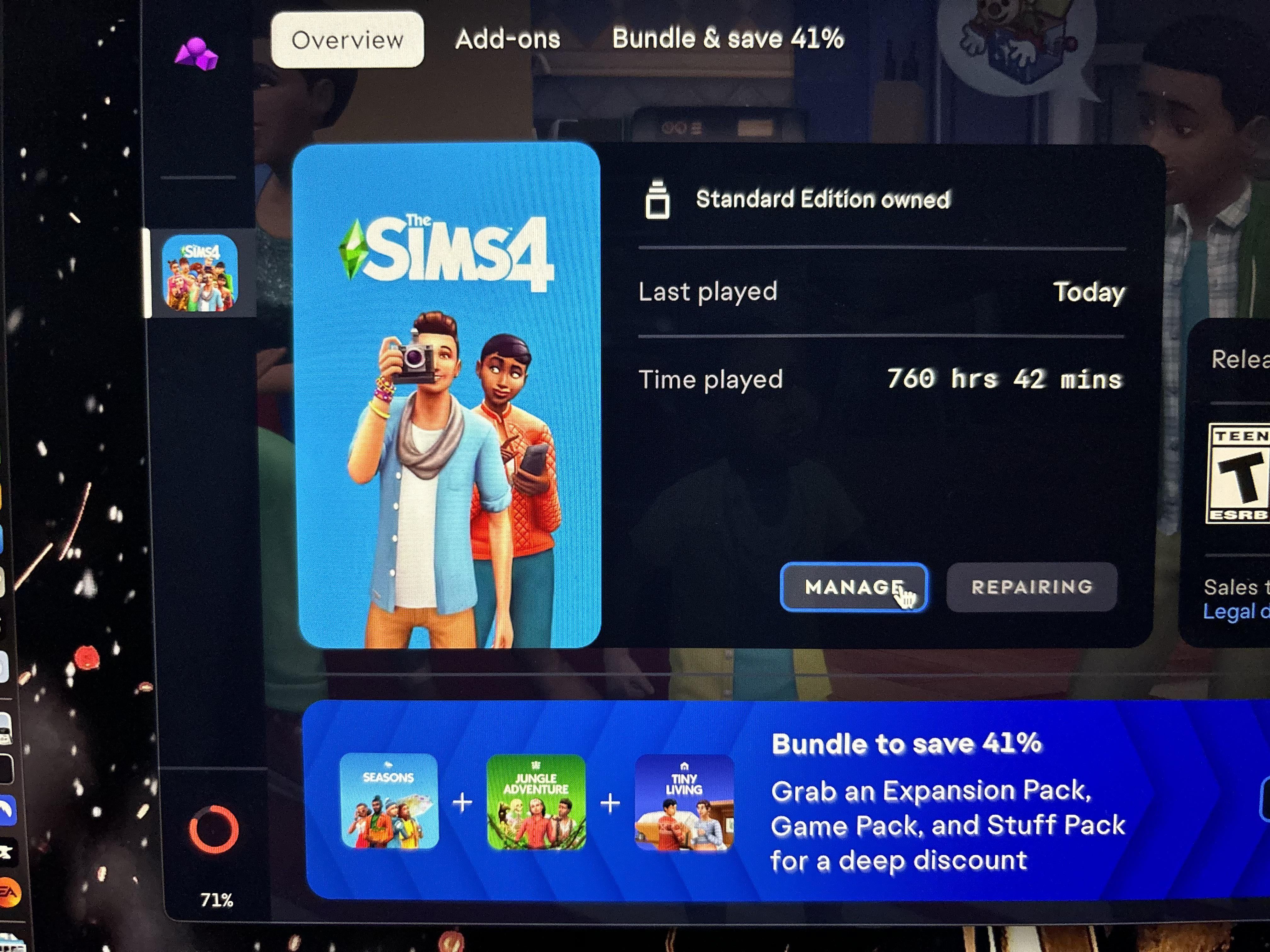 Меню параметров на плитке The Sims 4 с кнопкой восстановления