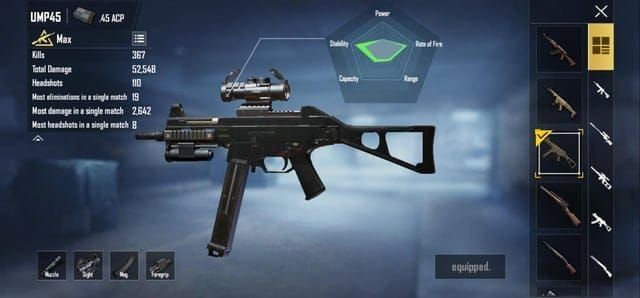 PUBG Mobile weapon comparison showing M416 and UMP45 combination with stats and effective range indicators