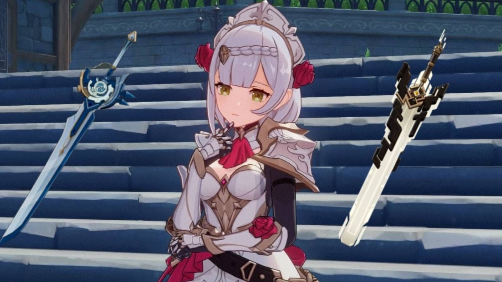 Collection of recommended weapons for Noelle including Whiteblind, Serpent Spine, and Favonius Greatsword with their statistics
