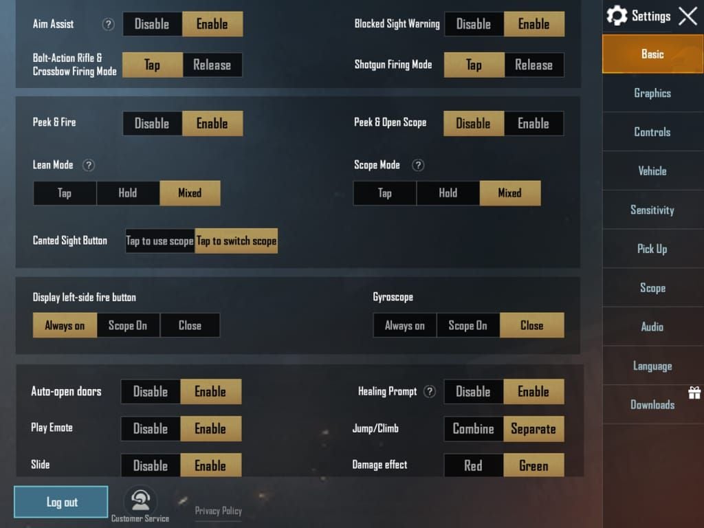Вкладка основных настроек PUBG Mobile с номером версии 2.6.0
