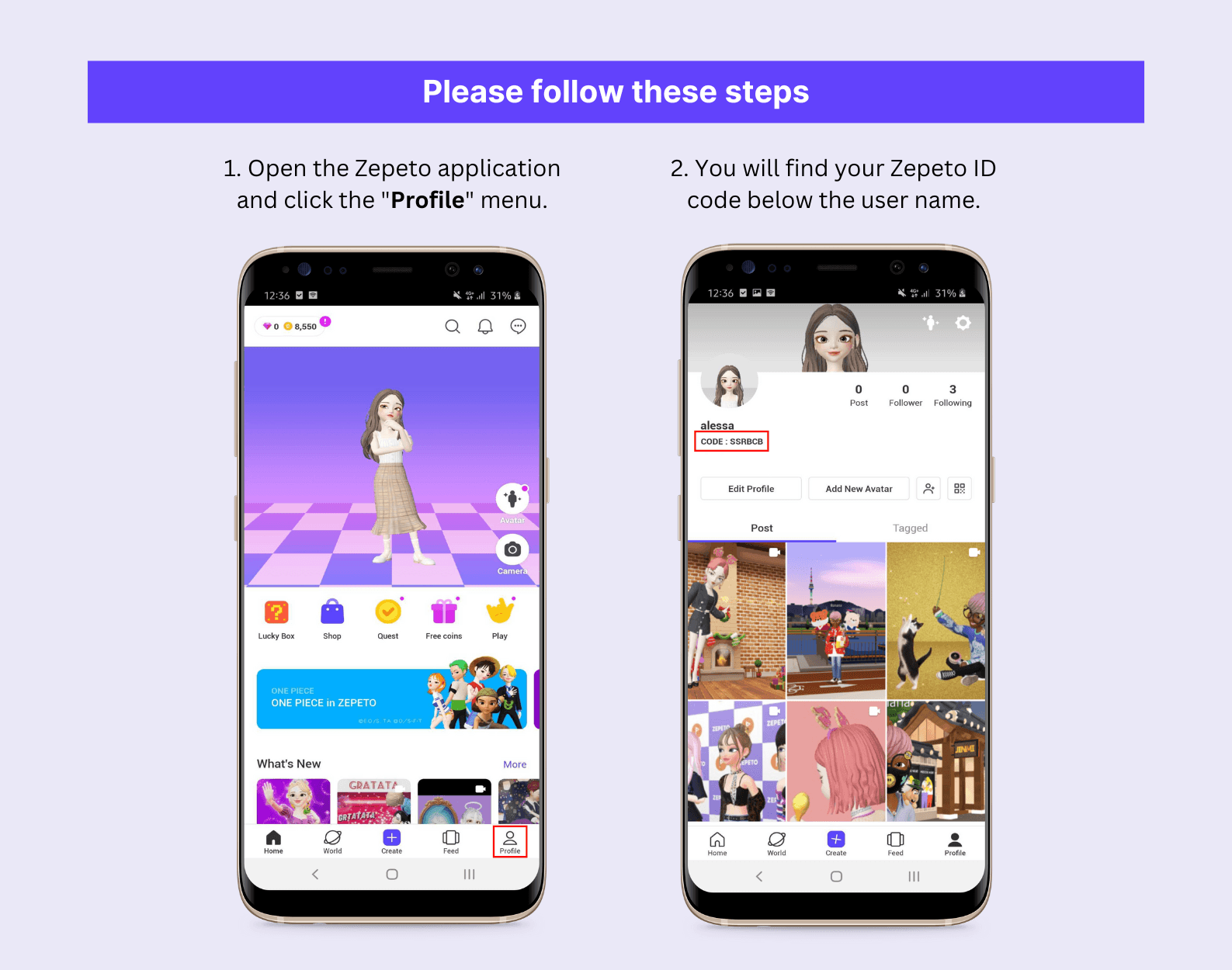 Сравнение ID аккаунта ZEPETO в профиле и предметов кастомизации Facecode