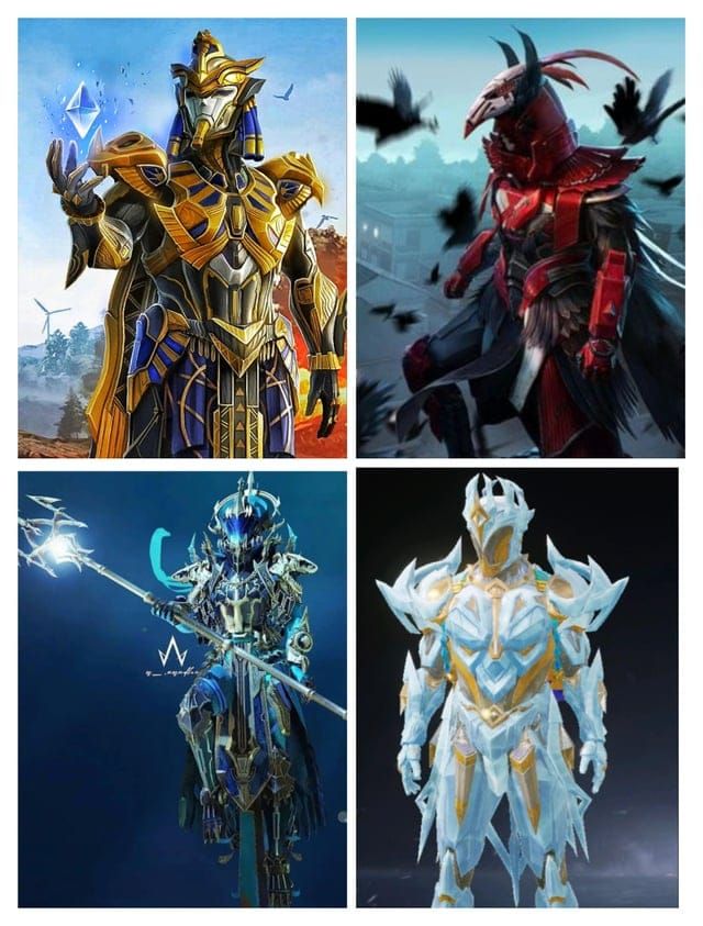 Comparison of PUBG Mobile legendary X-Suits showing Blood Raven alongside other premium outfits