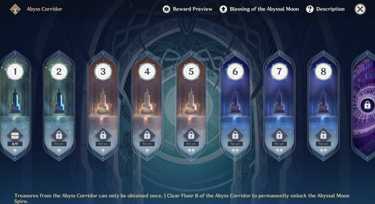 Spiral Abyss interface showing floors 9-12 with monthly reset information