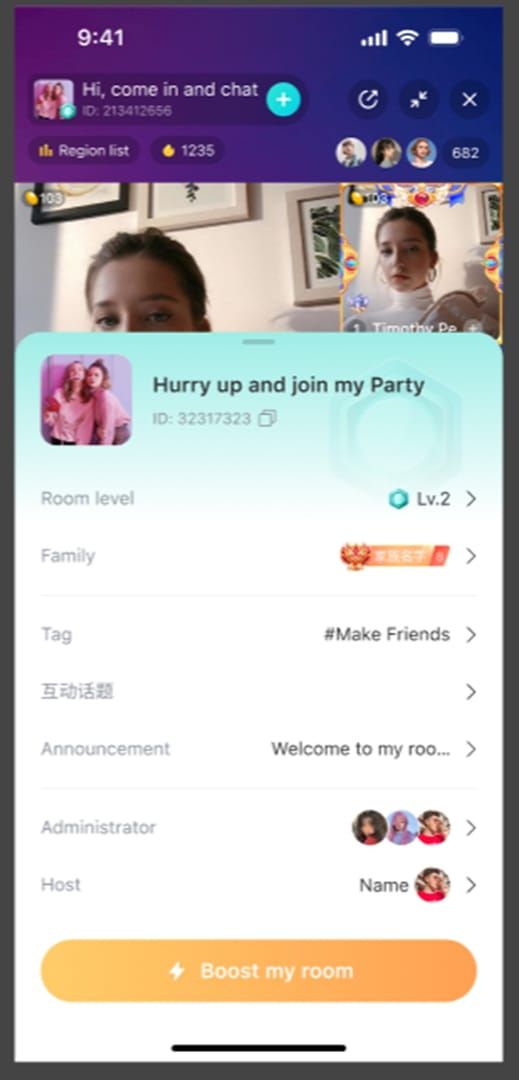 Bigo Live multi-guest room interface showing collaborative streaming with multiple participants