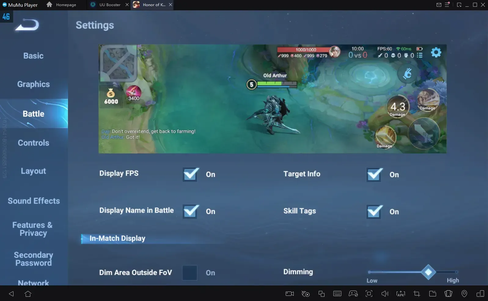 Honor of Kings battle interface settings menu showing optimized HUD configuration for competitive play